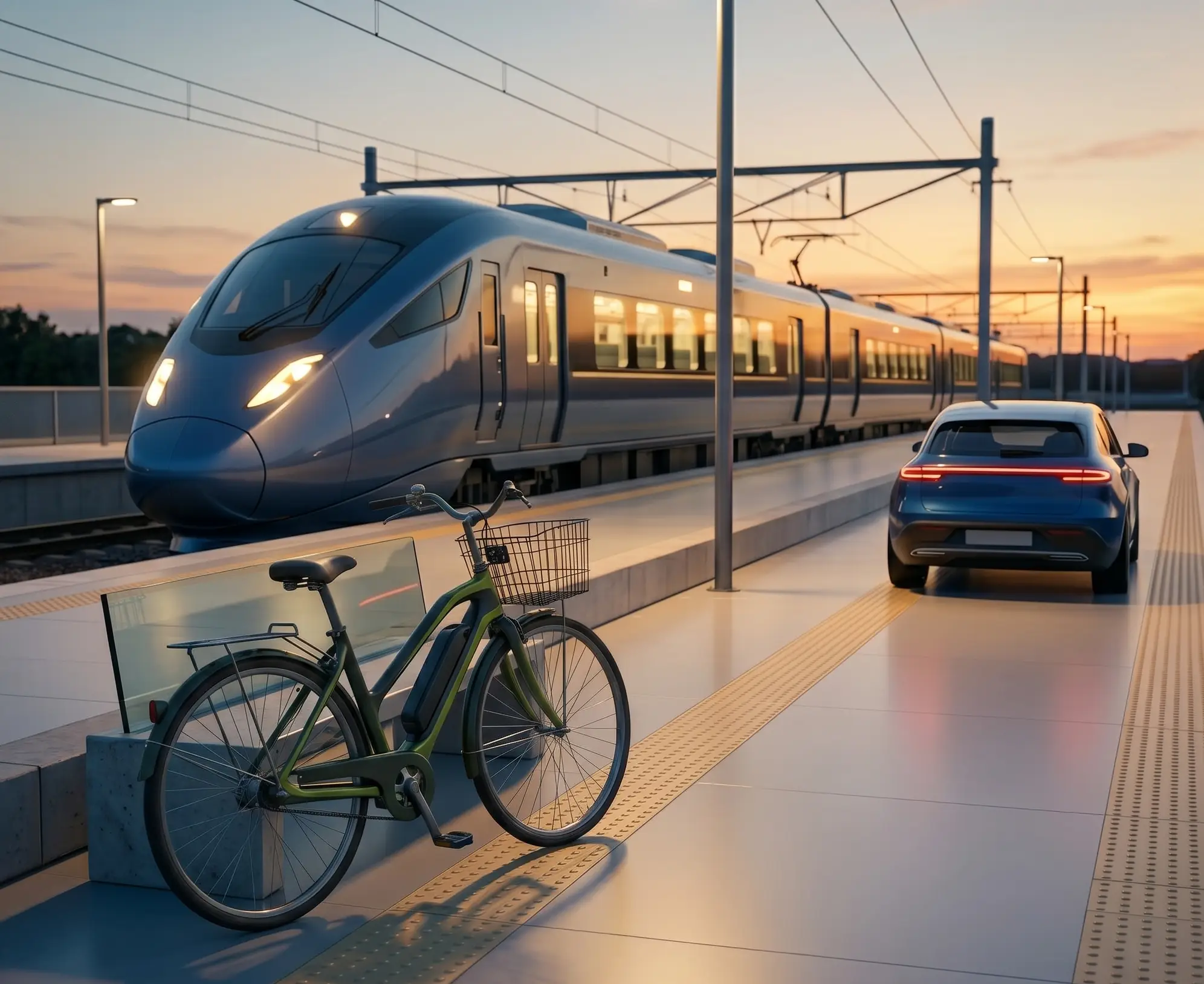 Foto che mostra tre diversi mezzi di trasporto. Treno, auto e bici.